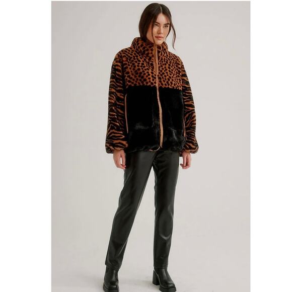 Nikki Jones Multi Print Faux Fur Jacket Balloon Sleeves Pockets Sz L Mob Wife - Picture 4 of 16